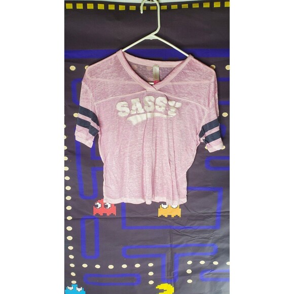 No Boundaries Pink "SASSY" Baseball Letter Style Striped Short Sleeve T-Shirt M - Picture 1 of 8